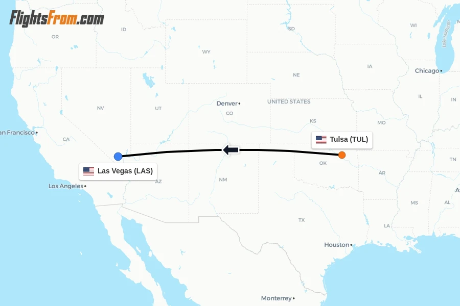 Flights from Tulsa to Las Vegas route map
