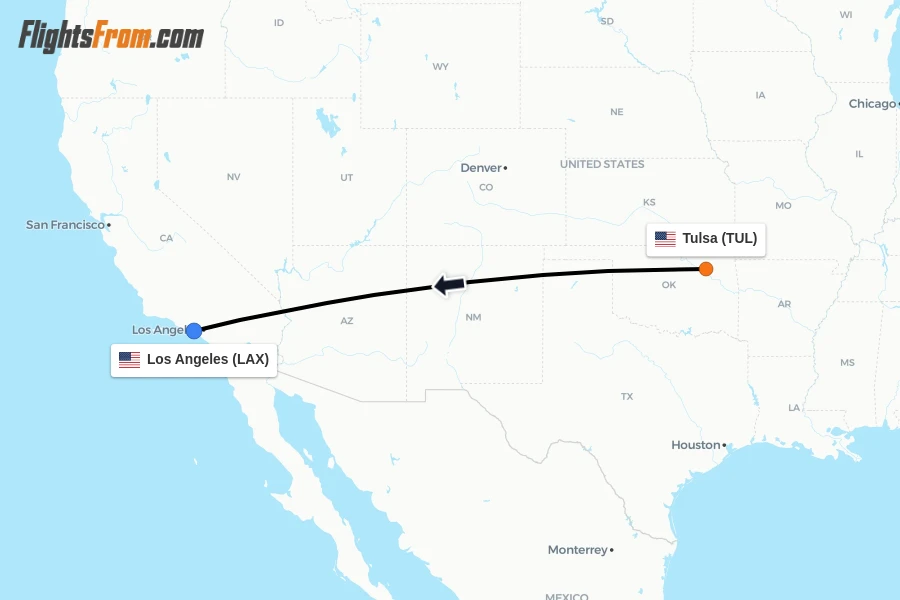Flights from Tulsa to Los Angeles route map