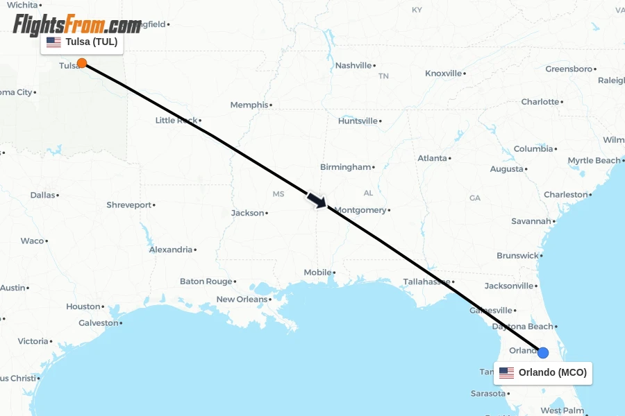 Flights from Tulsa to Orlando route map