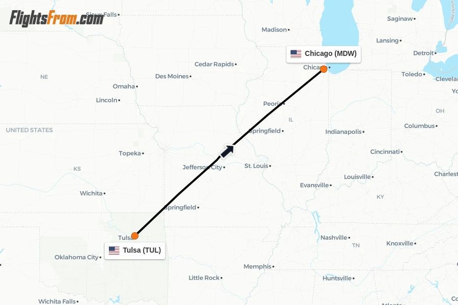 Flights from Tulsa to Chicago route map