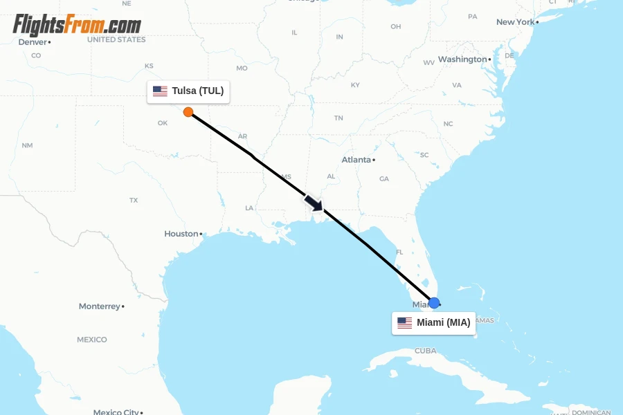 Flights from Tulsa to Miami route map
