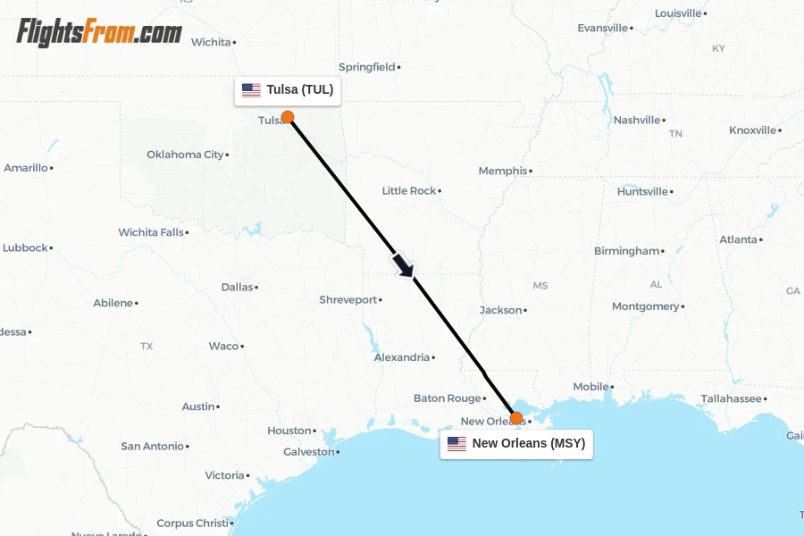 Flights from Tulsa to New Orleans route map