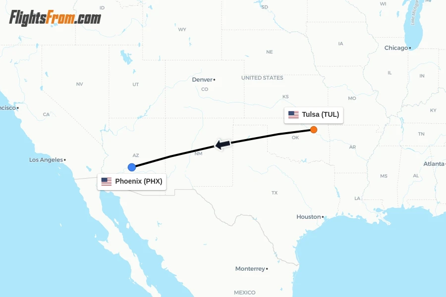 Flights from Tulsa to Phoenix route map