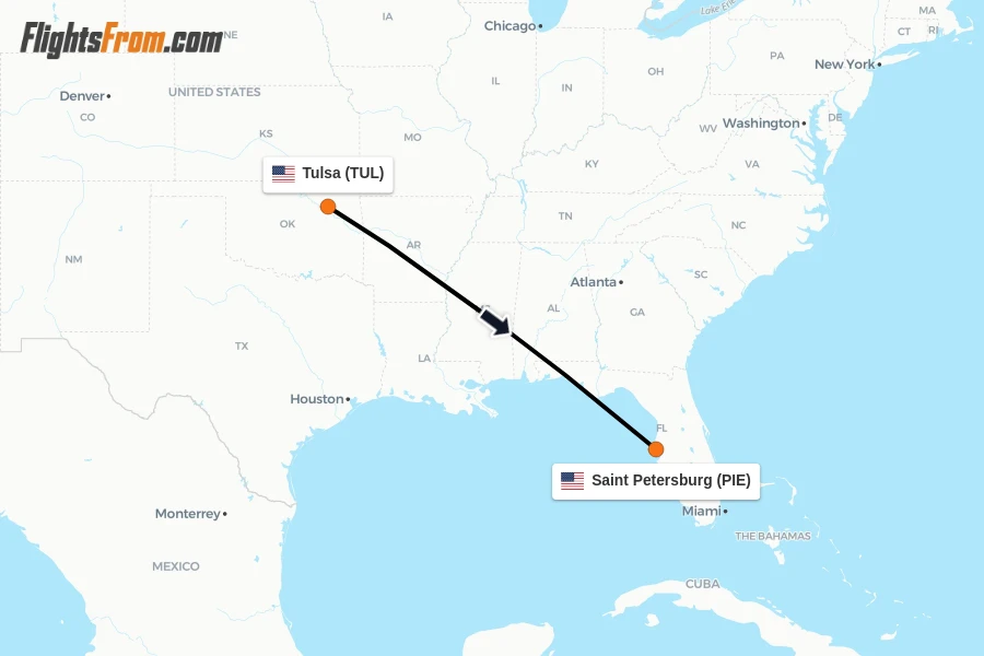 Flights from Tulsa to Saint Petersburg route map