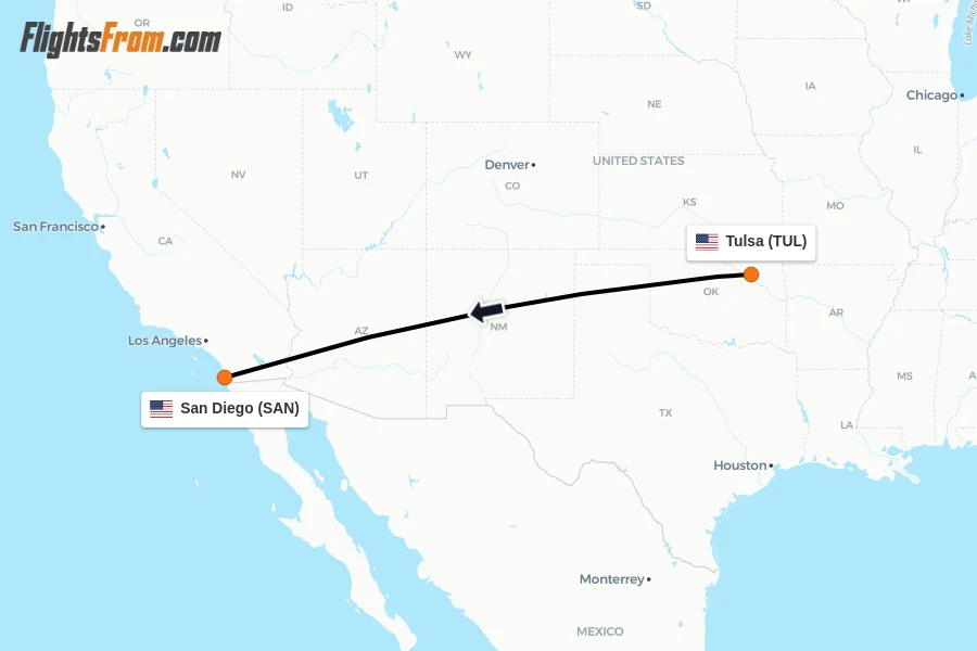 Flights from Tulsa to San Diego route map