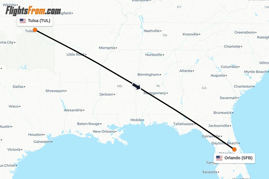 Flights from Tulsa to Orlando route map