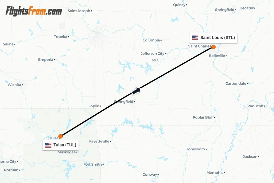 Flights from Tulsa to Saint Louis route map