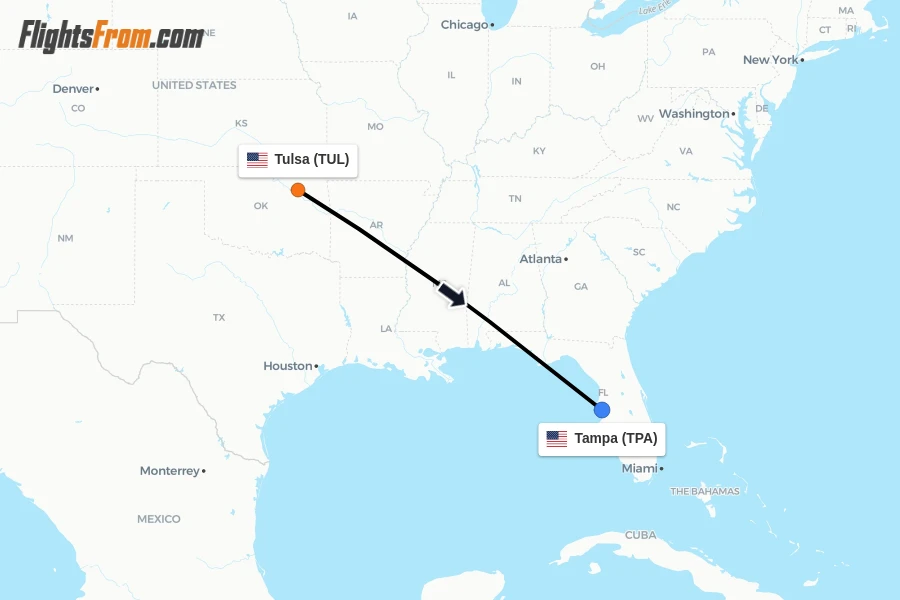 Flights from Tulsa to Tampa route map