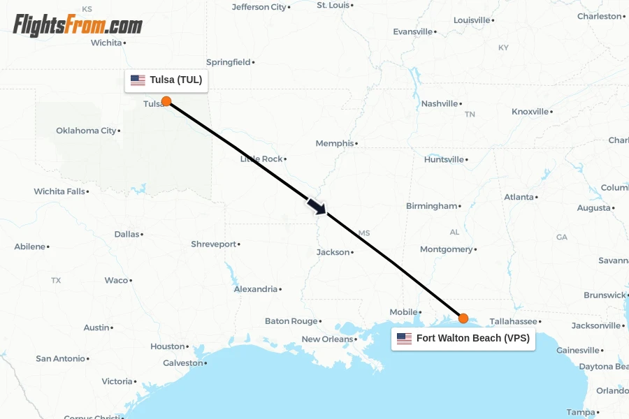 Flights from Tulsa to Fort Walton Beach route map