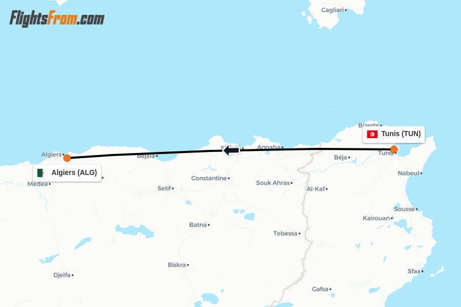 Flights from Tunis to Algiers route map