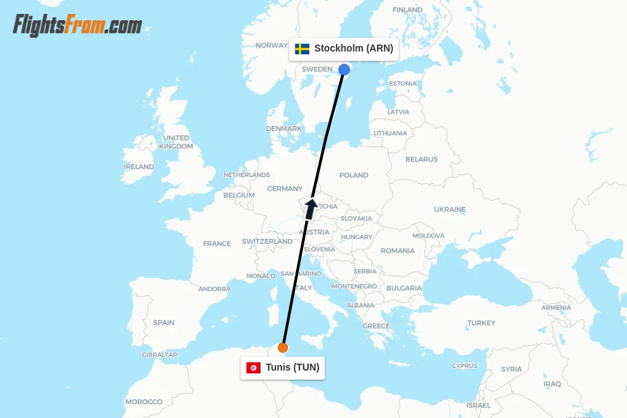 Flights from Tunis to Stockholm route map