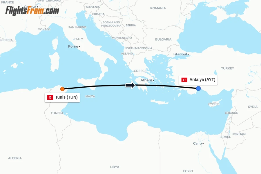Flights from Tunis to Antalya route map