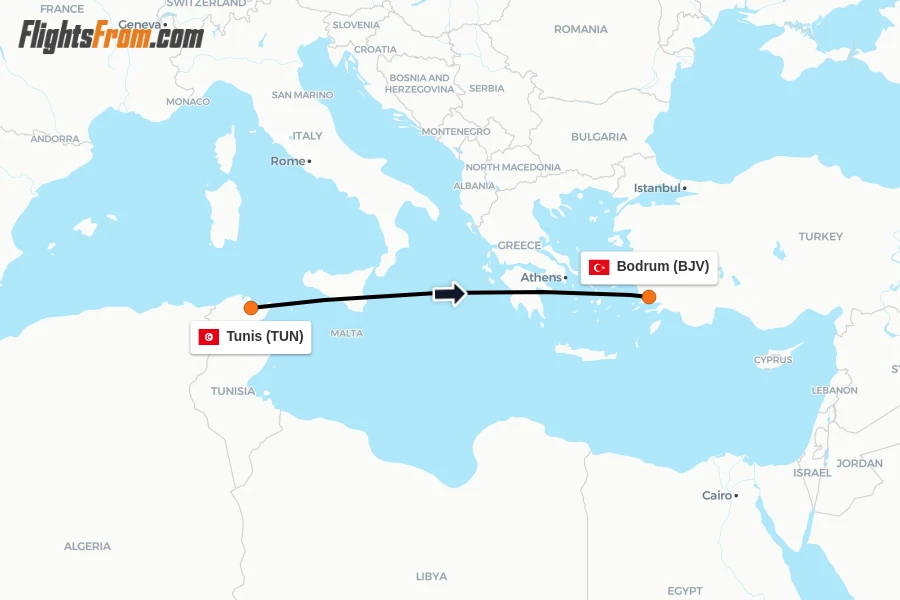 Flights from Tunis to Bodrum route map