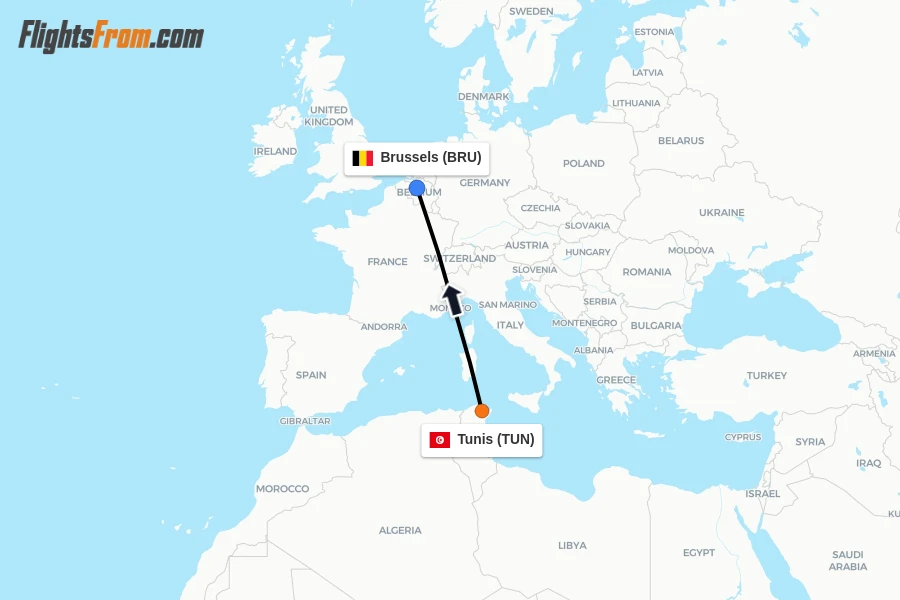 Flights from Tunis to Brussels route map