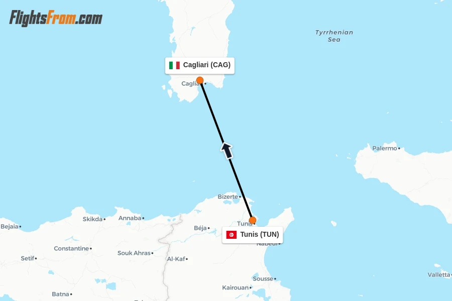 Flights from Tunis to Cagliari route map
