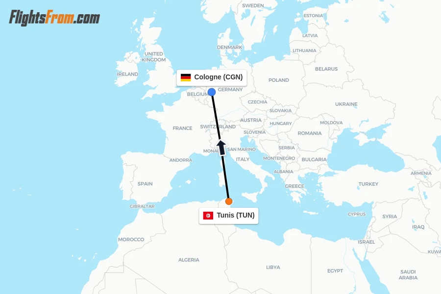 Flights from Tunis to Cologne route map