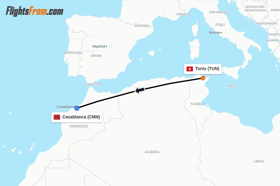 Flights from Tunis to Casablanca route map