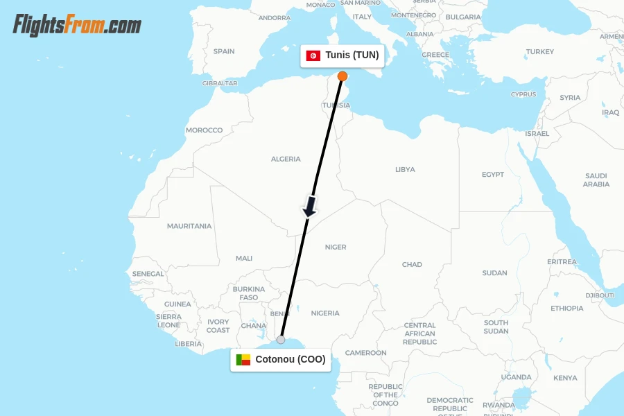 Flights from Tunis to Cotonou route map