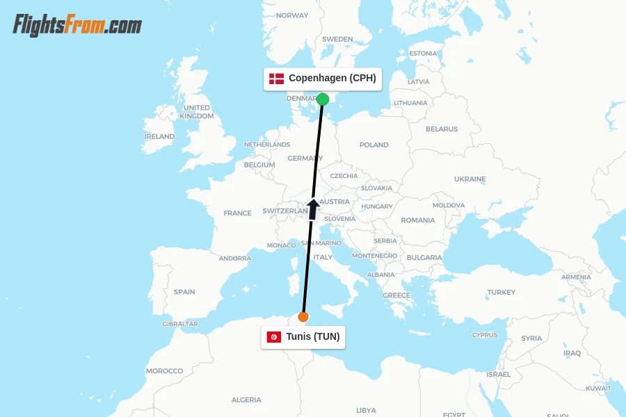 Flights from Tunis to Copenhagen route map