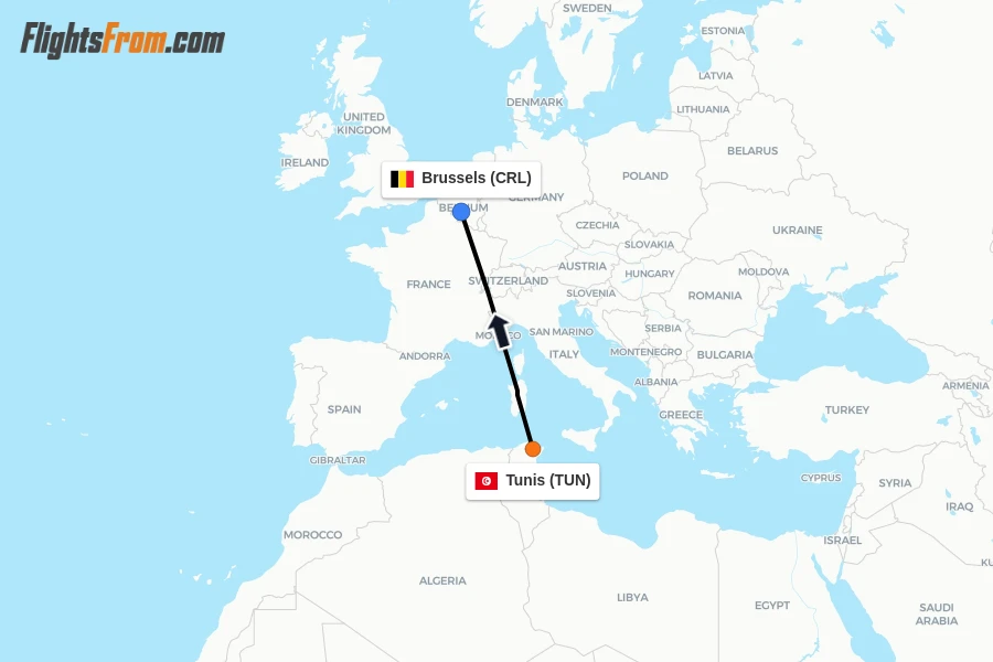 Flights from Tunis to Brussels route map
