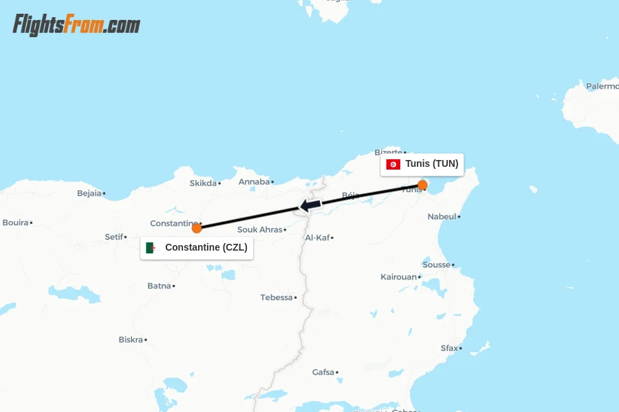 Flights from Tunis to Constantine route map