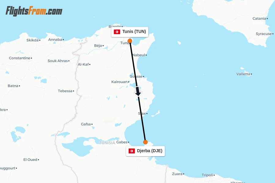 Flights from Tunis to Djerba route map