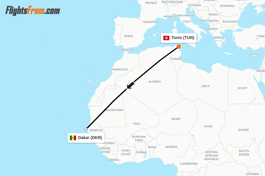 Flights from Tunis to Dakar route map