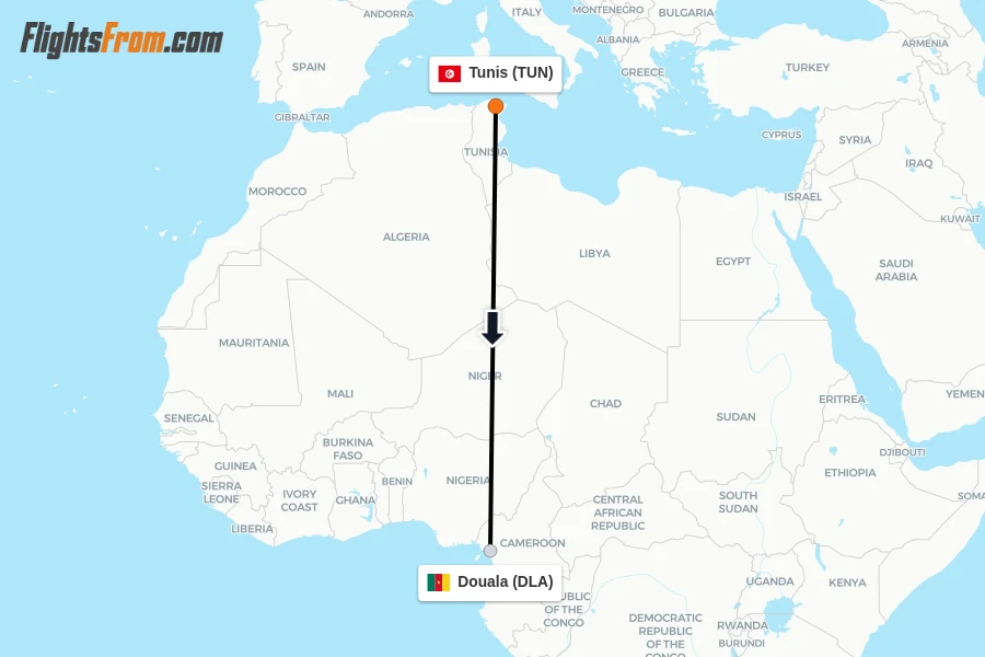 Flights from Tunis to Douala route map