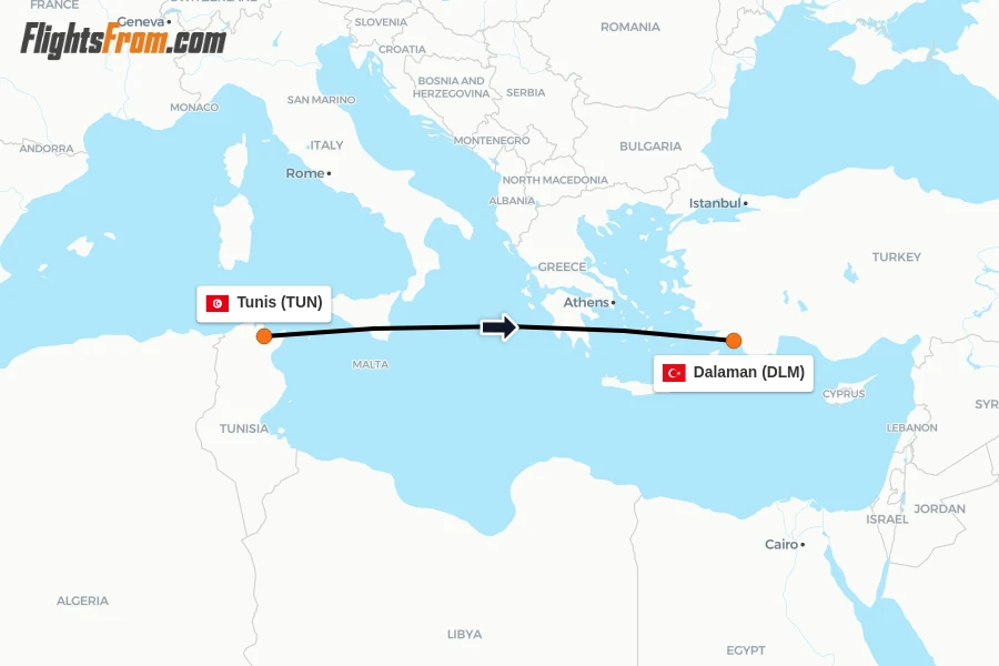 Flights from Tunis to Dalaman route map