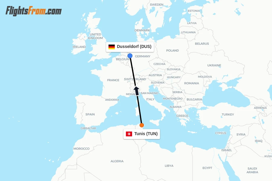 Flights from Tunis to Dusseldorf route map