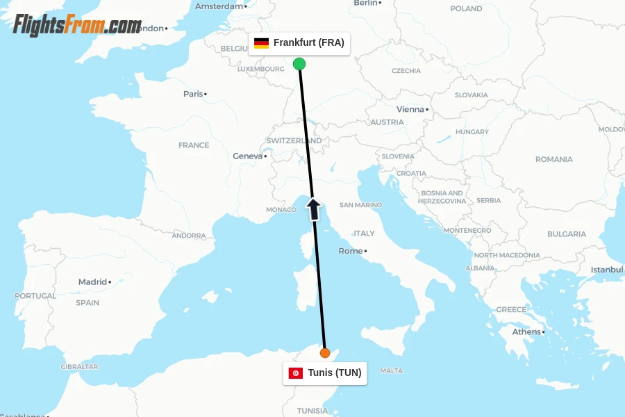 Flights from Tunis to Frankfurt route map
