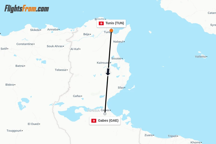 Flights from Tunis to Gabes route map