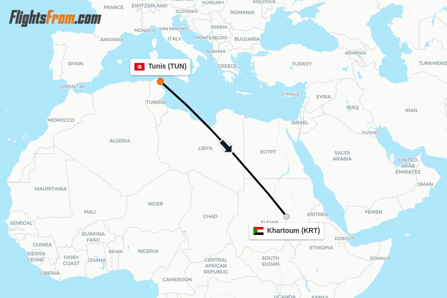 Flights from Tunis to Khartoum route map