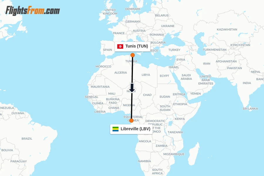 Flights from Tunis to Libreville route map