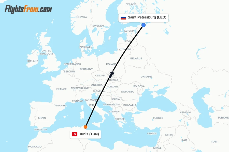 Flights from Tunis to Saint Petersburg route map