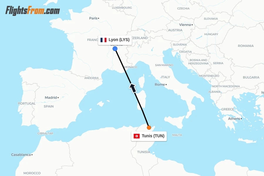 Flights from Tunis to Lyon route map