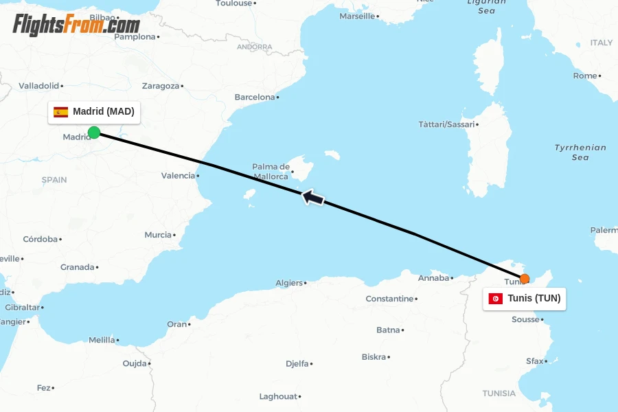 Flights from Tunis to Madrid route map