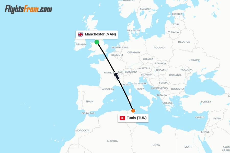 Flights from Tunis to Manchester route map