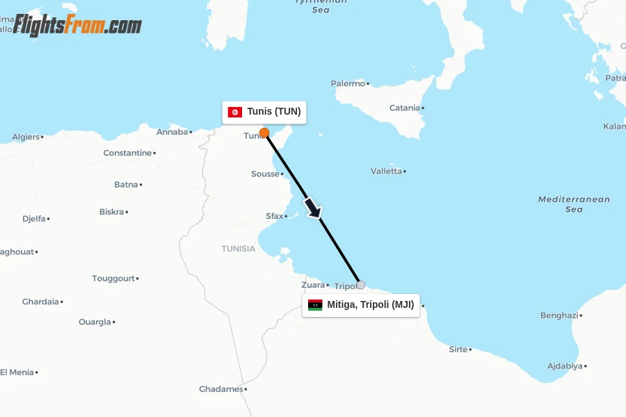 Flights from Tunis to Mitiga, Tripoli route map