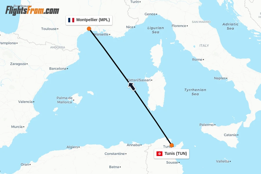 Flights from Tunis to Montpellier route map
