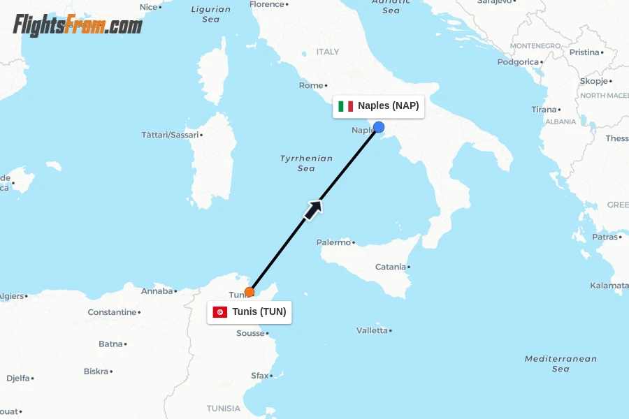 Flights from Tunis to Naples route map