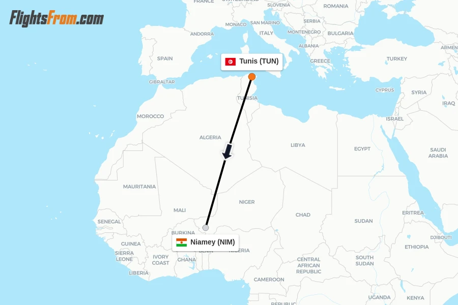 Flights from Tunis to Niamey route map