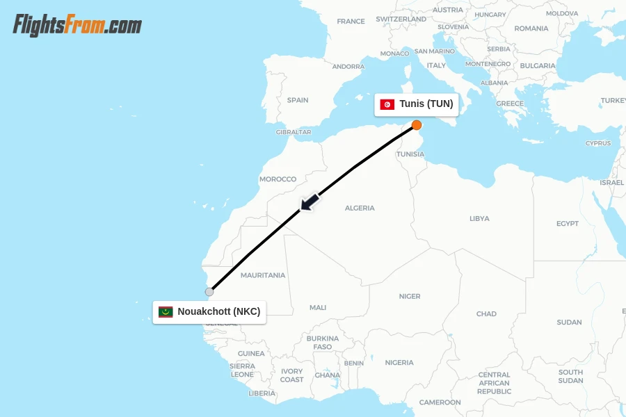 Flights from Tunis to Nouakchott route map