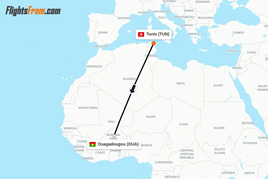 Flights from Tunis to Ouagadougou route map