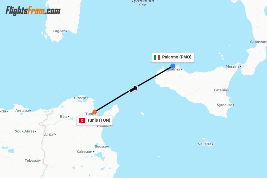 Flights from Tunis to Palermo route map