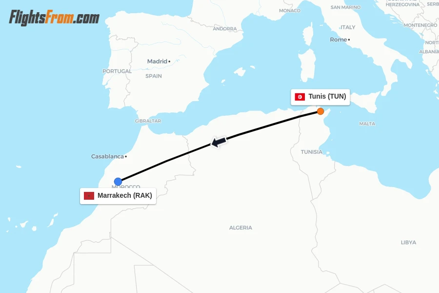 Flights from Tunis to Marrakech route map