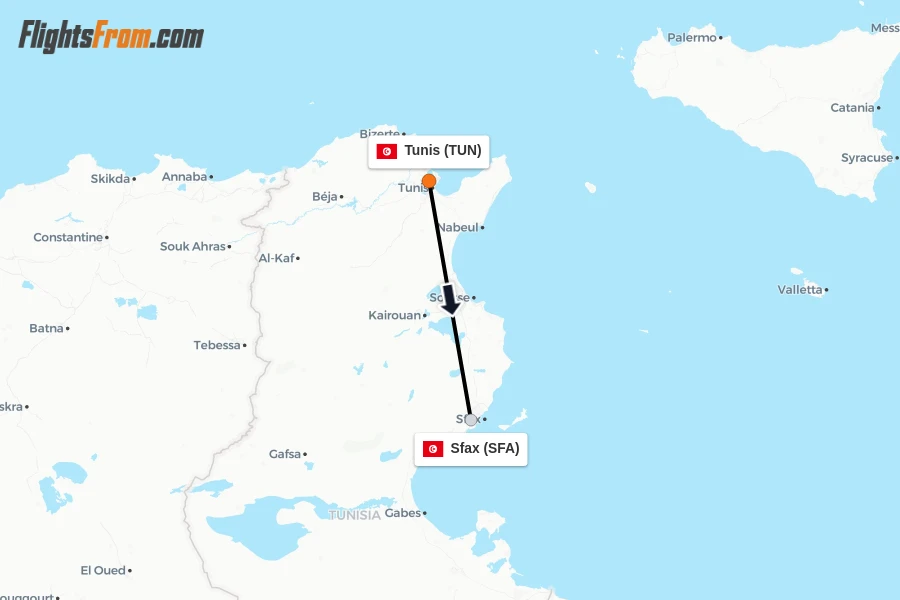 Flights from Tunis to Sfax route map