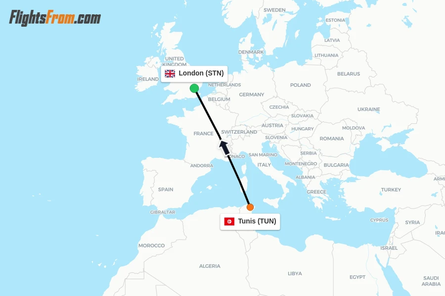 Flights from Tunis to London route map