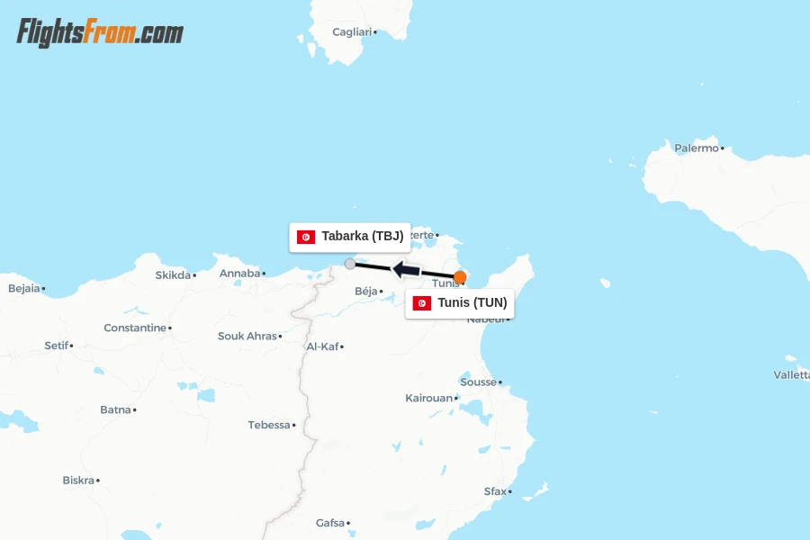 Flights from Tunis to Tabarka route map