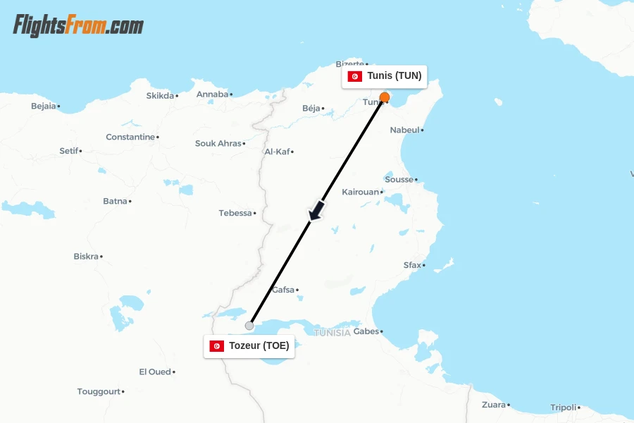 Flights from Tunis to Tozeur route map
